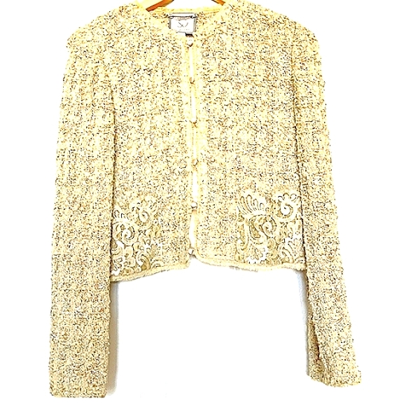 ST JOHN COUTURE 8 BOUCLE CROCHET AURORA BOREALIS LACE CREAM WOOL SILK SKIRT SUIT - Picture 2 of 16